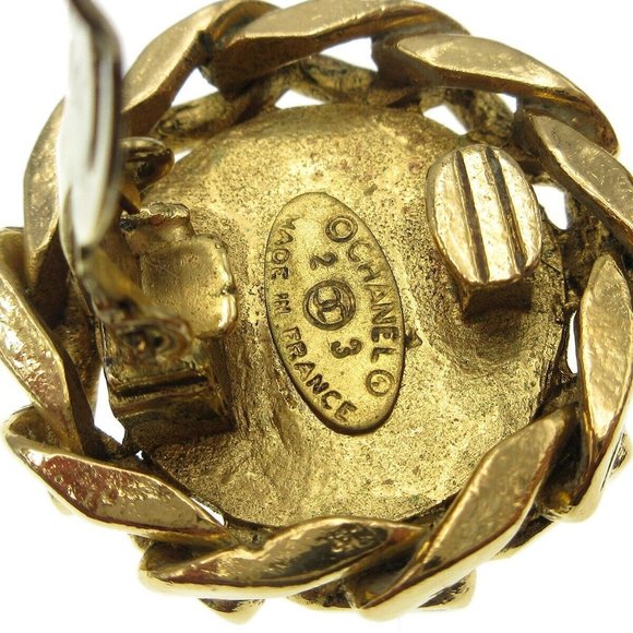 CHANEL CC Logos Button Motif Rhinestone Earrings Clip-On 23 Gold 87952 - Picture 2 of 4